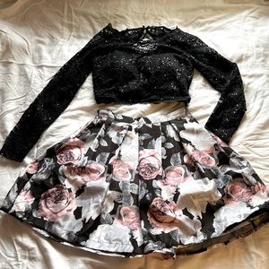 Two-piece formal dress with sparkly long-sleeve top and floral skirt